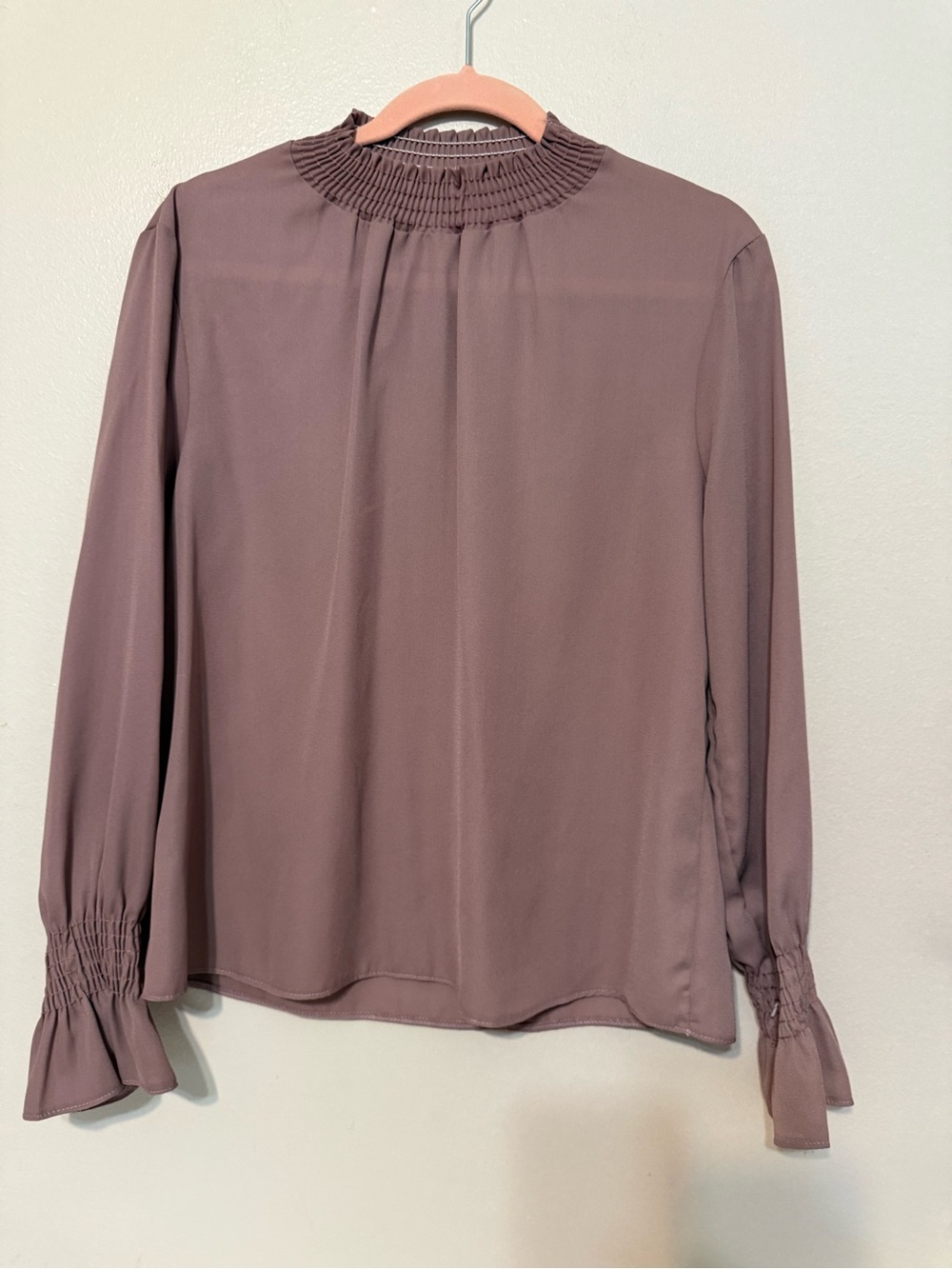 Smocked Mock-Neck Long Sleeve Blouse in Mauve